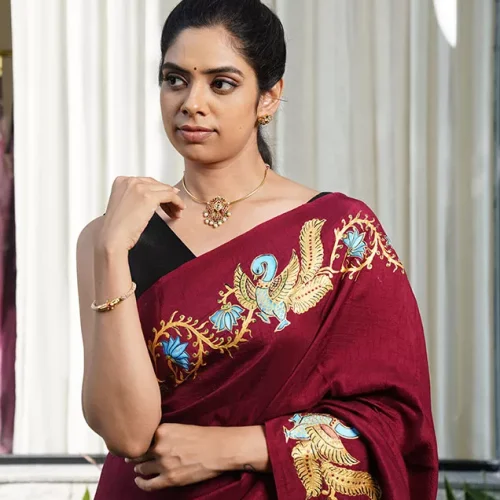 bridal-01 Maroon Regal Peacock Embroidered Saree