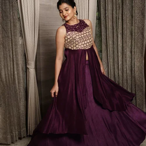 Royal Plum Embroidered Fusion Gown