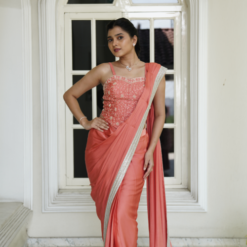 Orange Satin Ready To Drape Saree